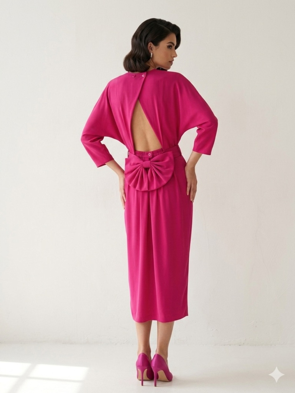 Joseph Ribkoff Hot Pink Open-Back Midi Dress with Statement Bow vintage 80s pink